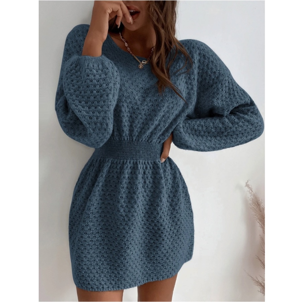 Blue Knit Batwing Long Sleeve Fitted Waist Mini Short Winter Dress